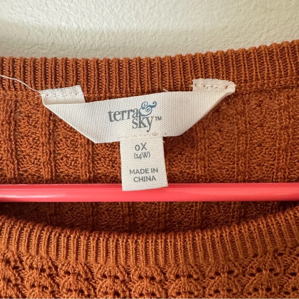 Time and tru burnt orange puff sleeve crochet knit short sleeve sweater OX/ 14 W - Picture 3 of 8